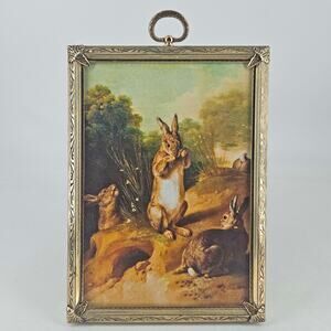 Vintage brass loop top wall hanging or easel Photo Picture Frame w bunny print